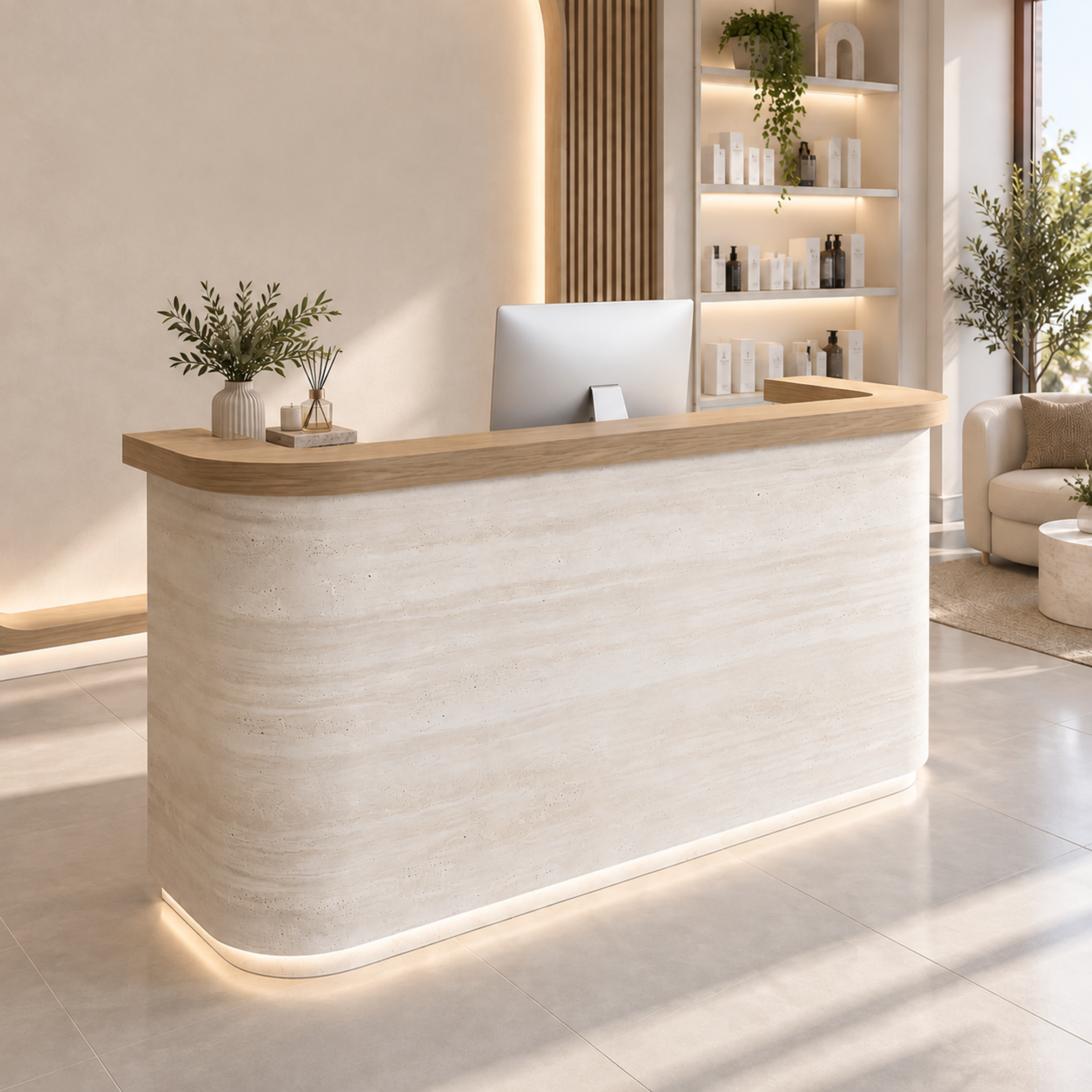 Boutique Reception Desk with Timber Top and LED Plinth