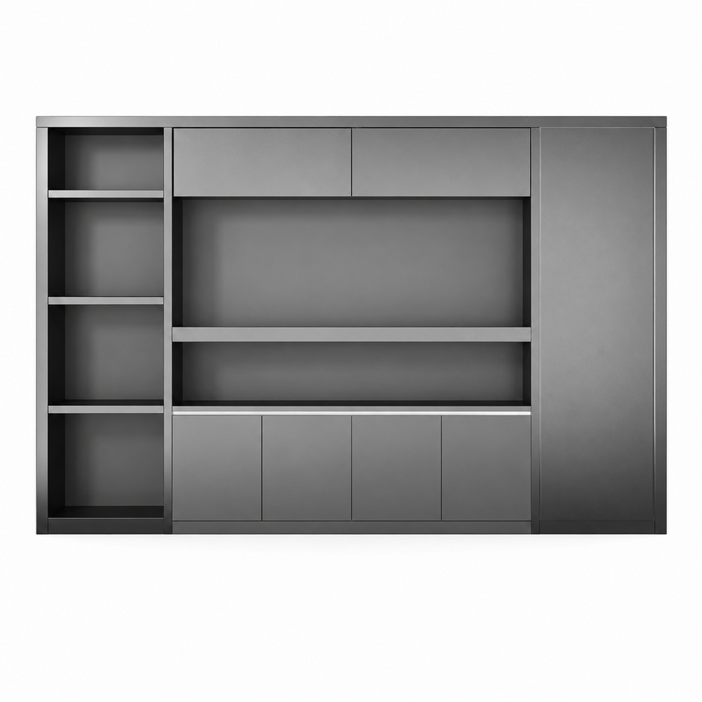 Freestanding Office Storage Wall Unit with Open Shelving and Cupboard Space