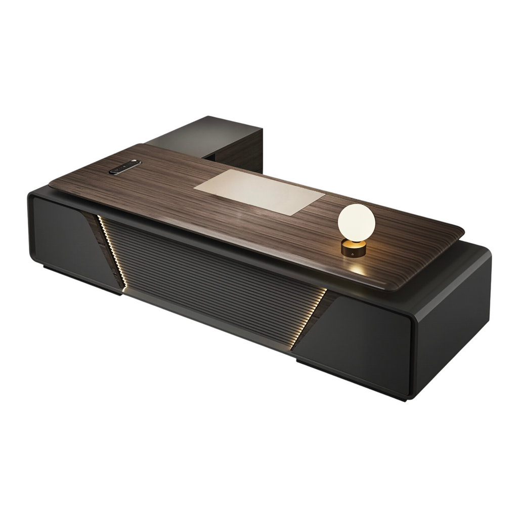Modern Executive Desk With LED Accent Panel, Integrated Storage Credenza And Rounded Corners