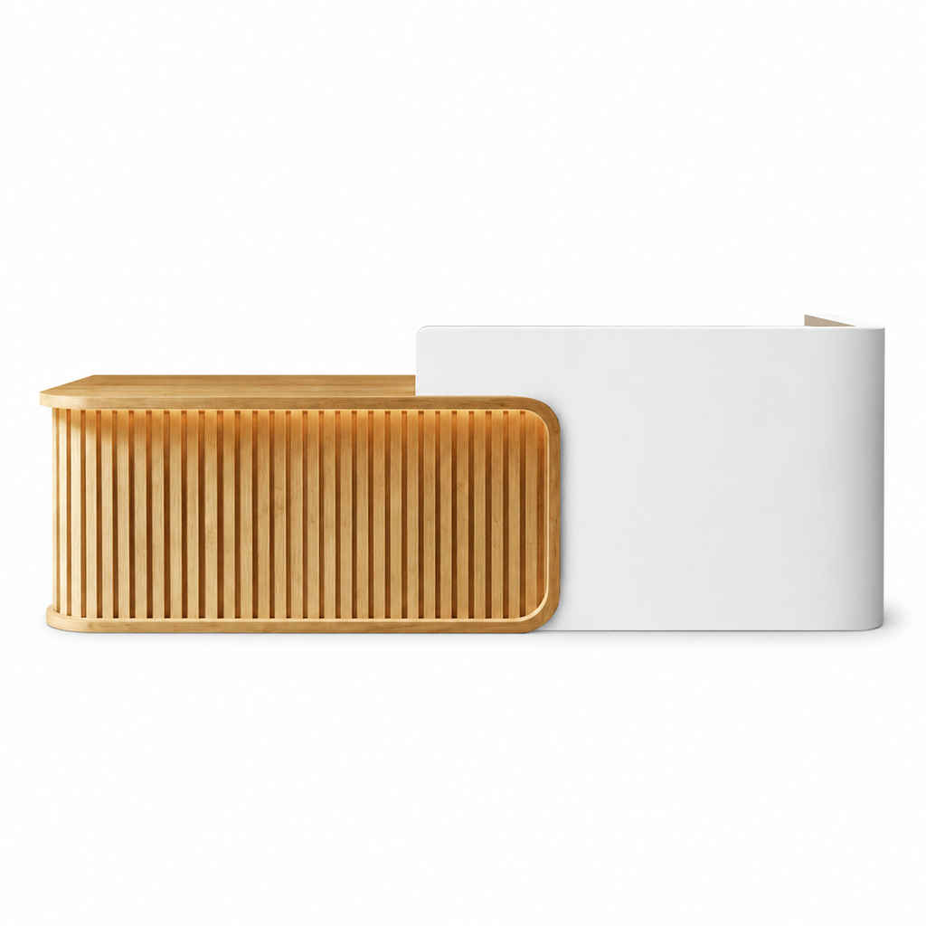 Luxury LED Reception Desk with Fluted Wood Grain Panels and Rounded Edges