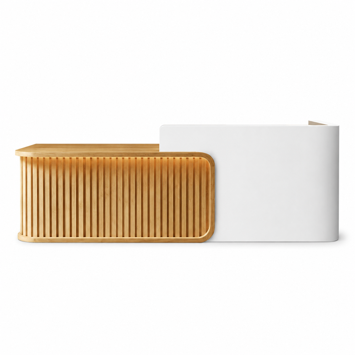 Luxury LED Reception Desk with Fluted Wood Grain Panels and Rounded Edges