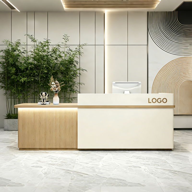 LED Reception Desk with Timber Return and Signage Panel