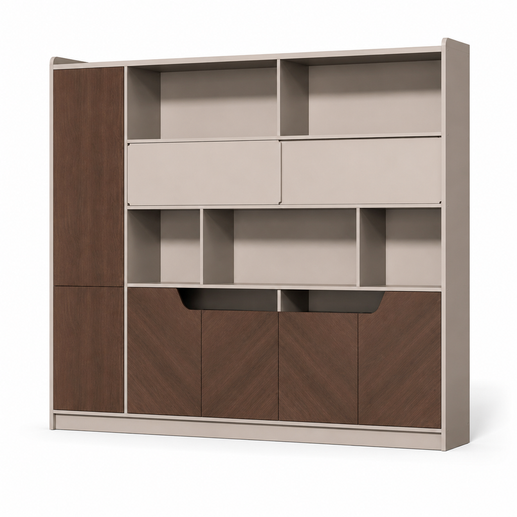 Modern Timber Storage Cabinet with Open Shelves and Glass Display