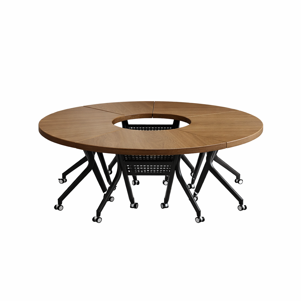 Modular Circular Meeting Table System with Mobile Folding Legs for Collaborative Office Spaces