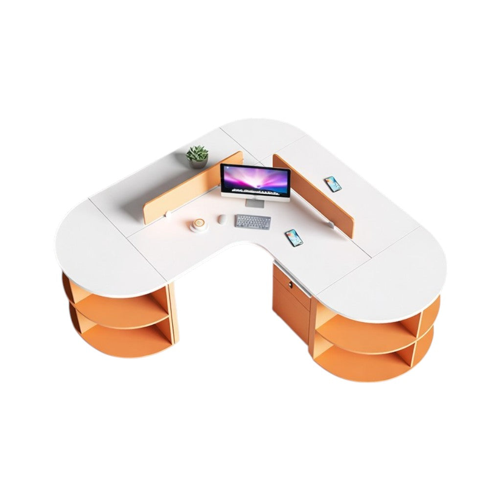 Curved Multi-Person Office Workstation with Divider Panels and Integrated Storage Shelving