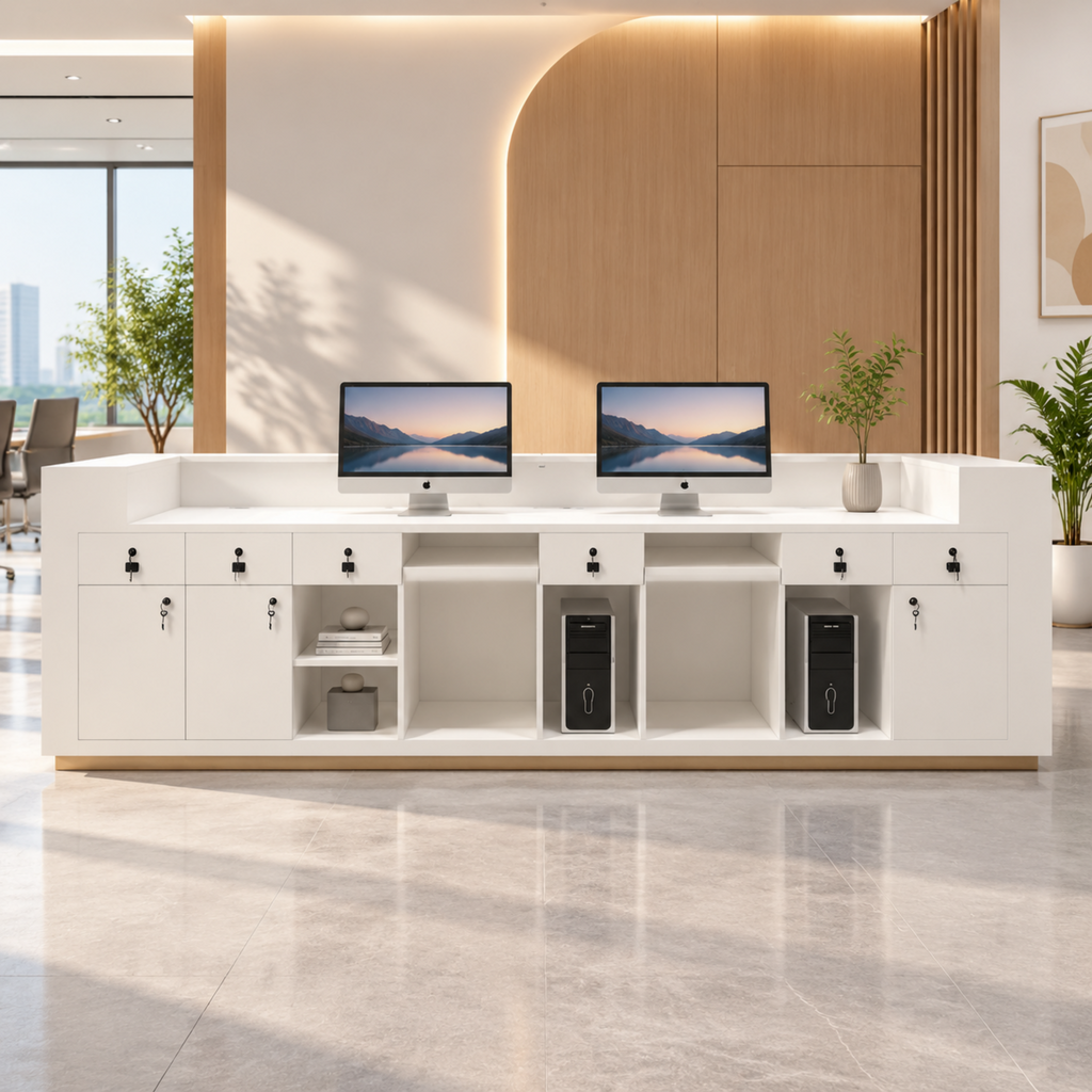 Modern Curved Reception Desk with Soft LED Glow and Dual Workstations
