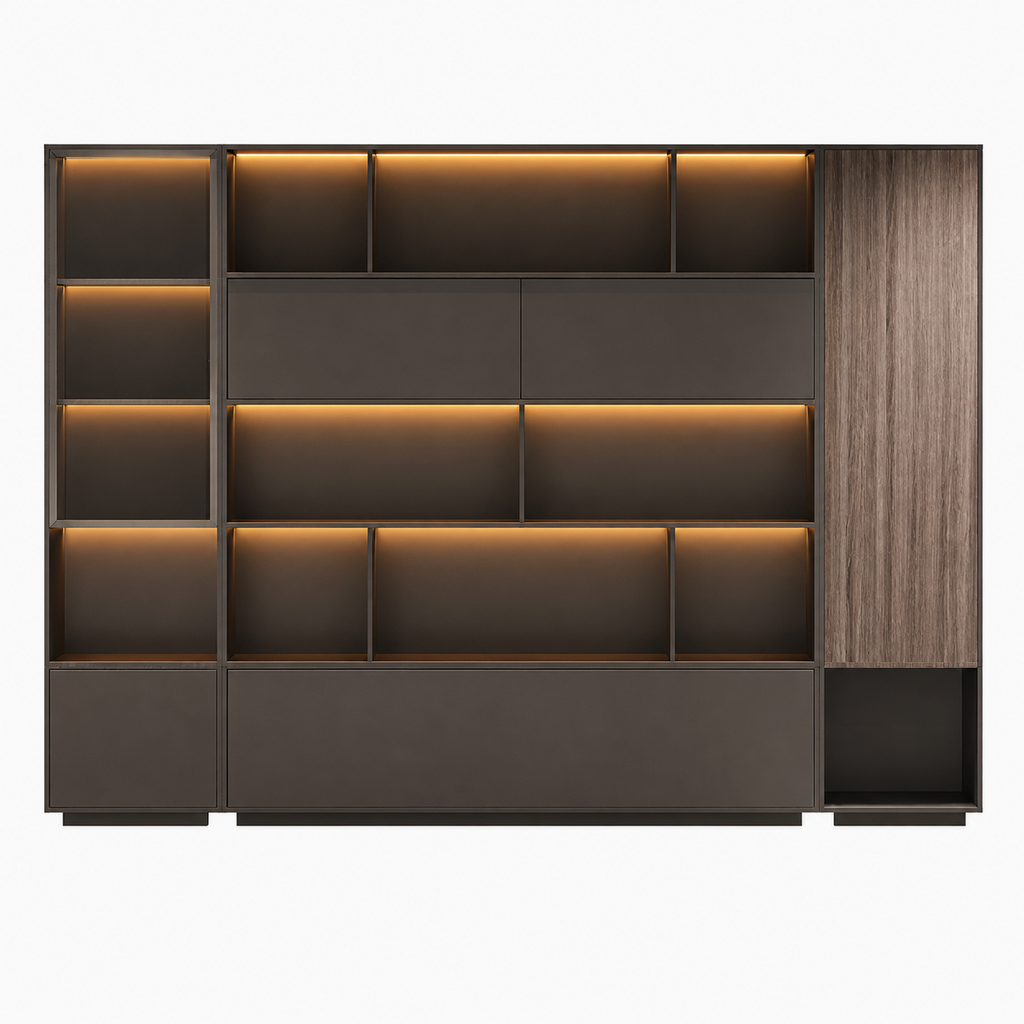 Executive Storage Wall Unit with LED Shelving and Wardrobe