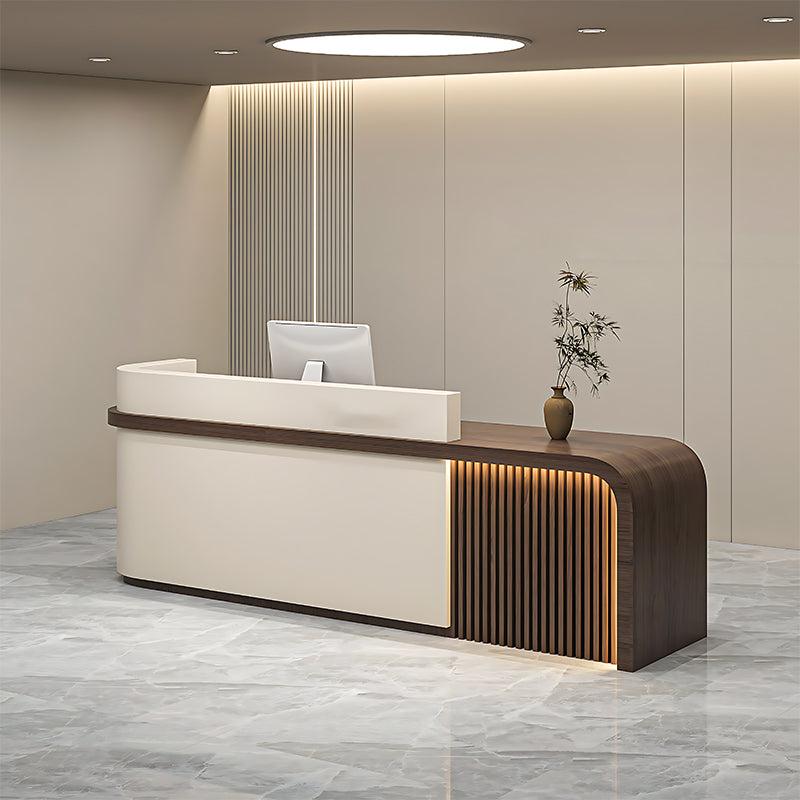 Luxury Reception Counter with Backlit Slat Detail and Logo