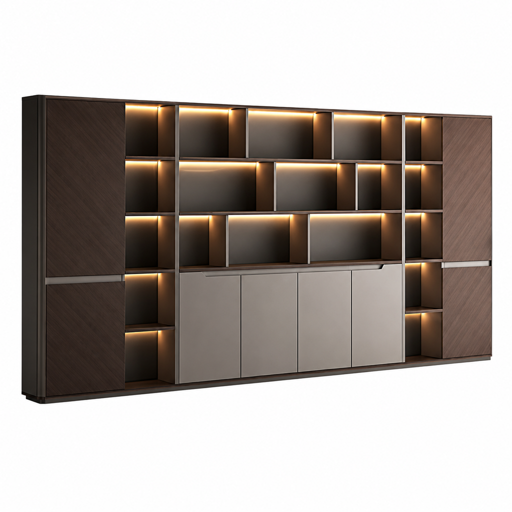 Contemporary Office Storage Wall Unit with LED Display Shelves