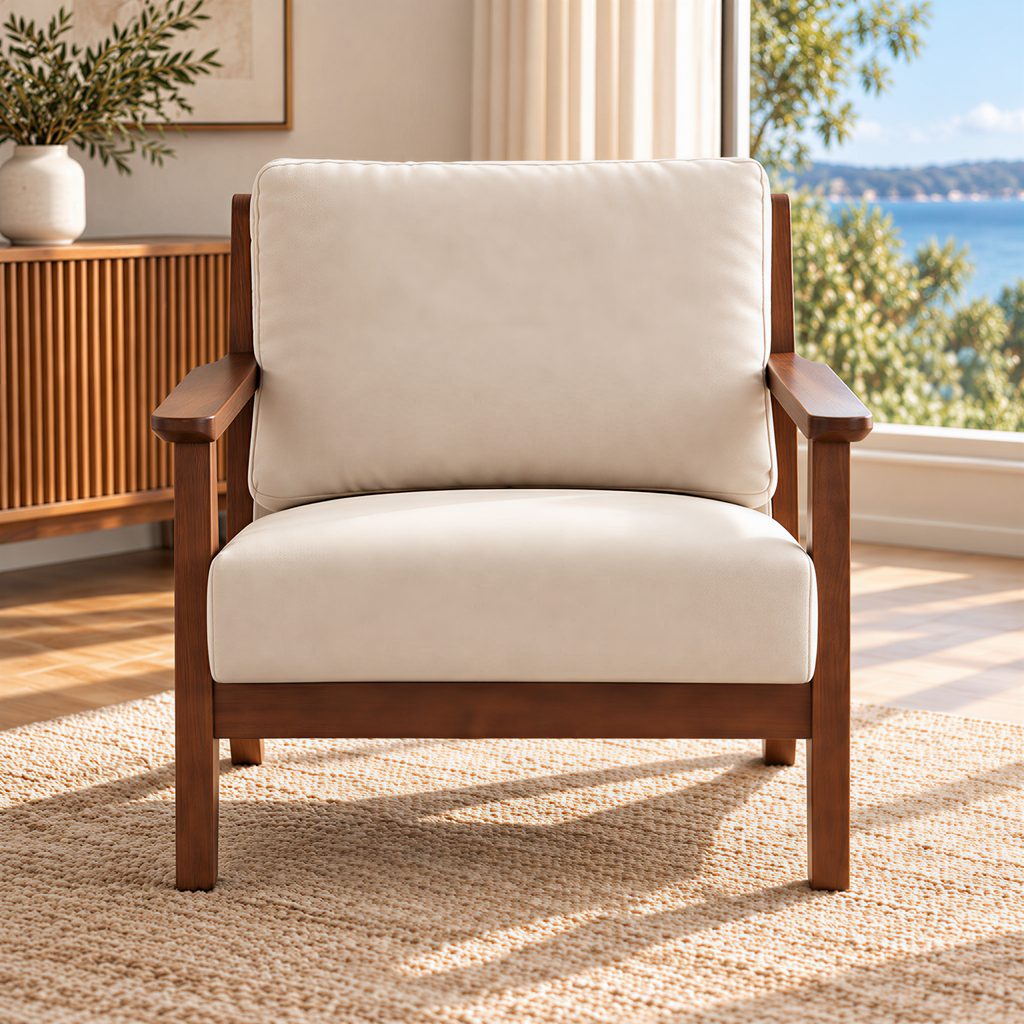 Modern Cotton-Linen Armchair with Custom Timber Finishes