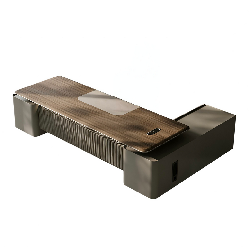 Modern Executive Desk with Matte Graphite Base and Timber Grain Top