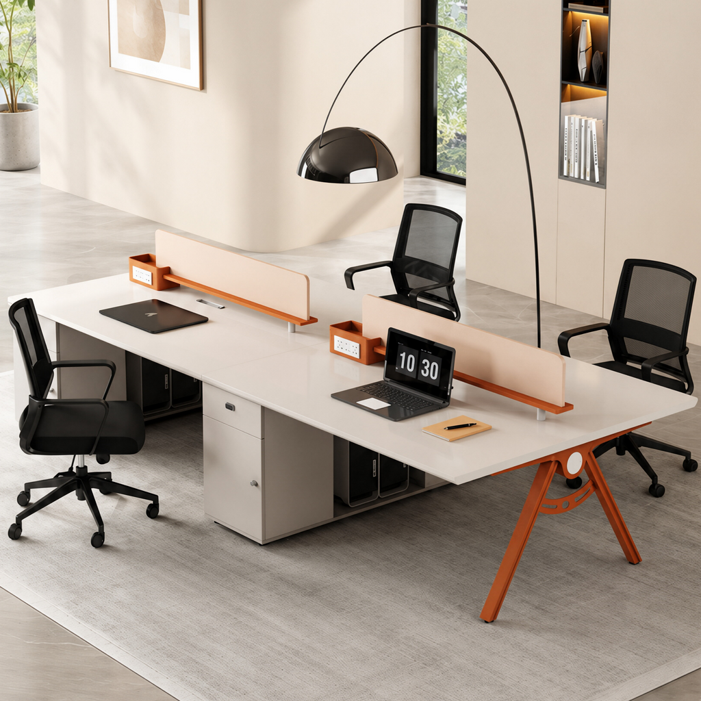 Streamlined Office Bench Desk with Divider Screen and Integrated Storage Pedestals