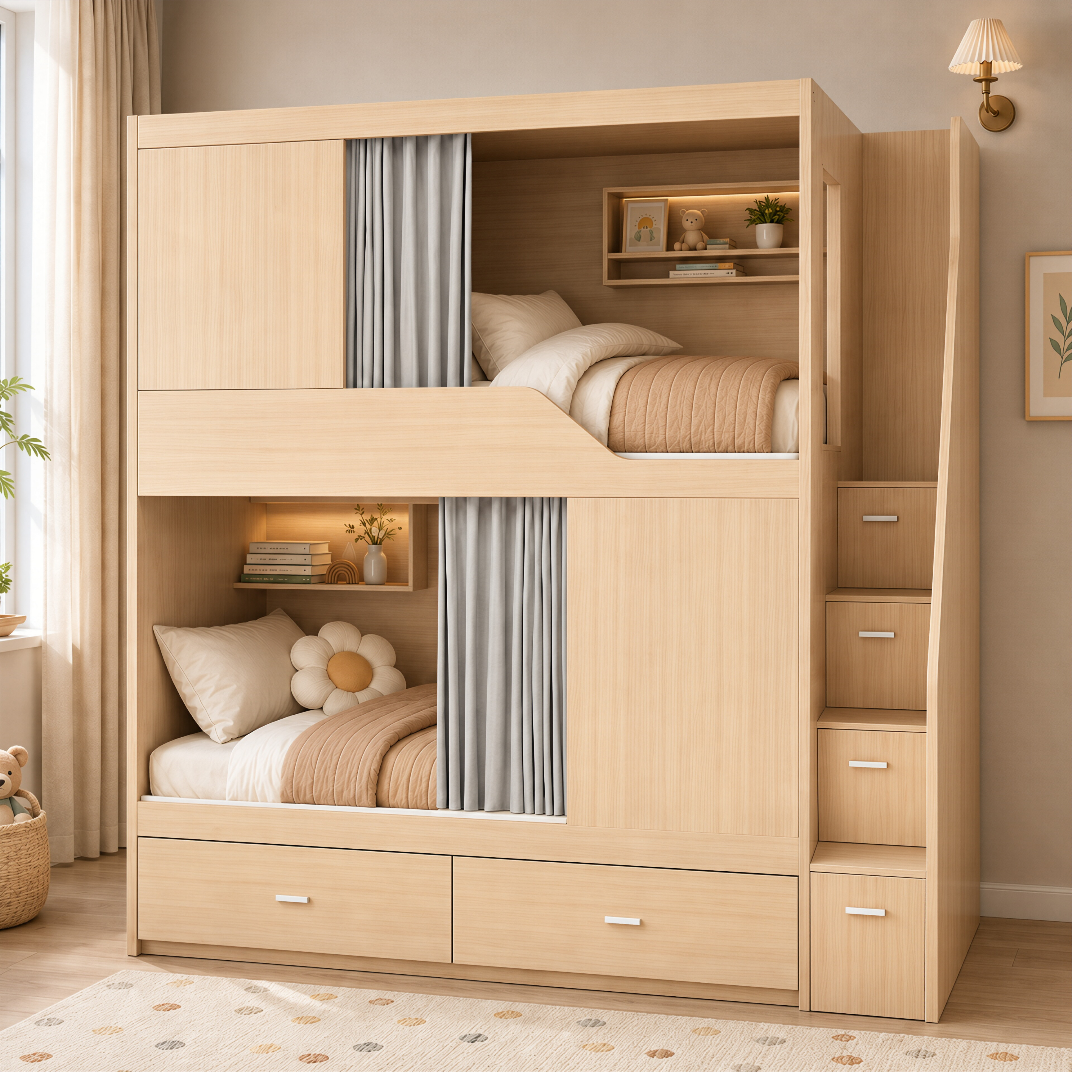 Integrated Privacy Bunk Bed with Storage Staircase