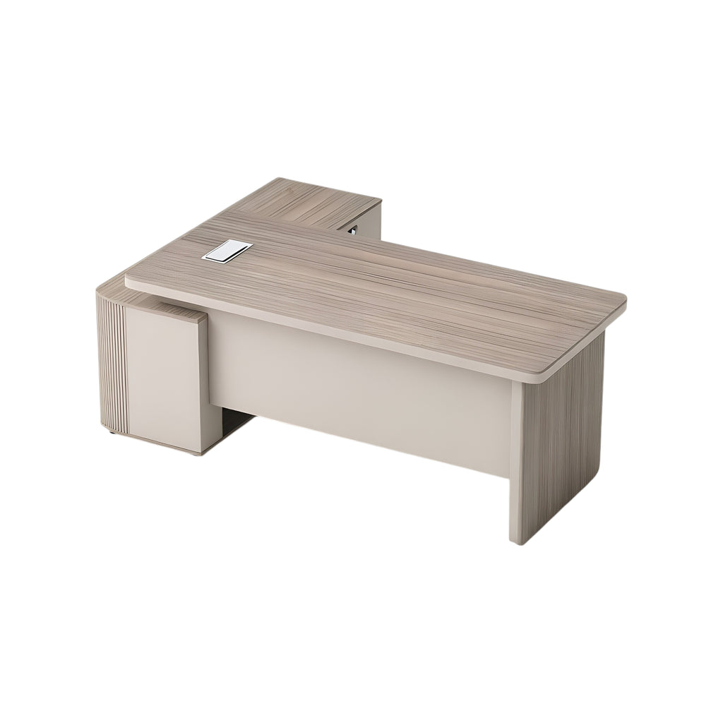 Executive Floating L-Shape Stone Grey Office Desk with Integrated LED Lighting and Storage