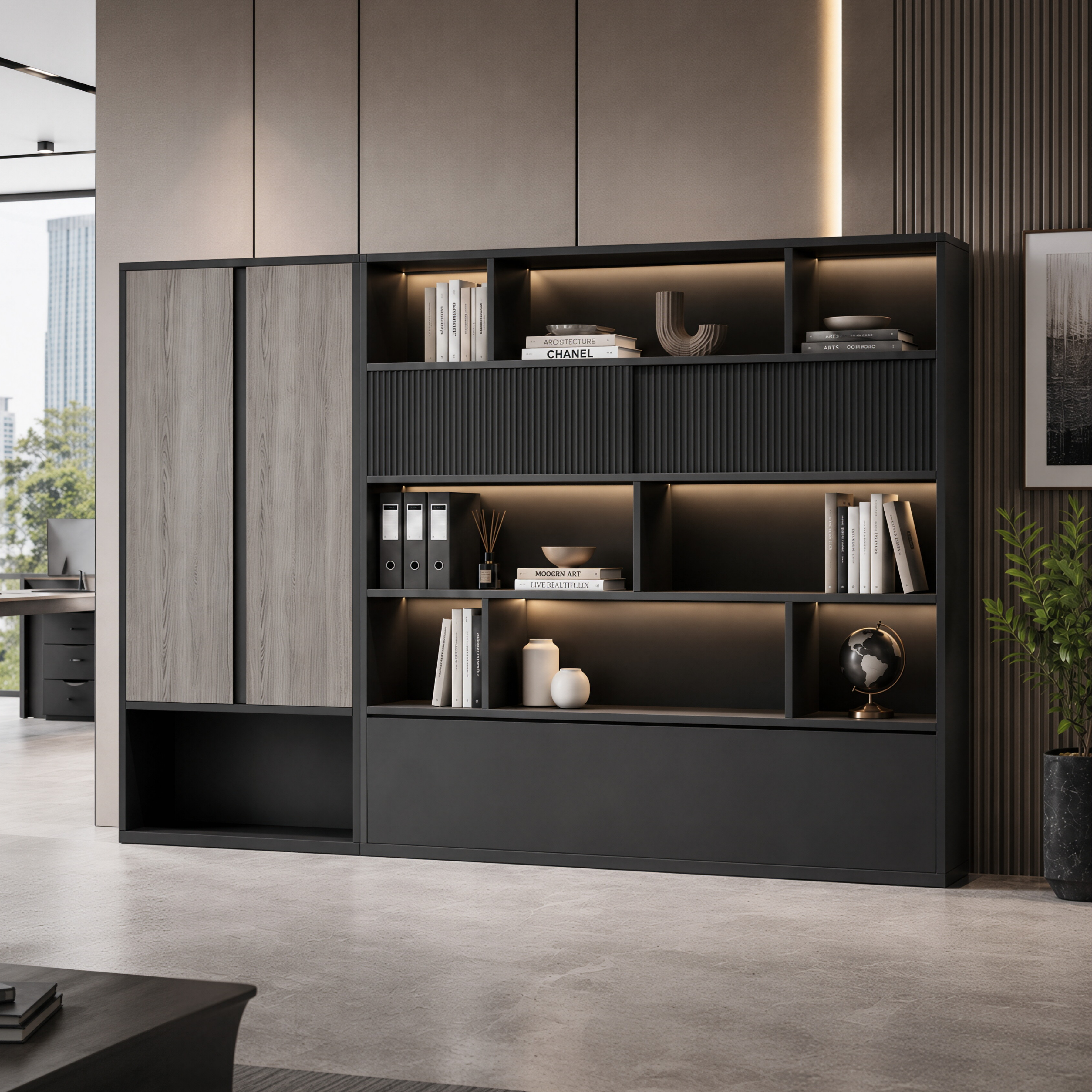 Modern Filing Cabinet with Open Display Shelves