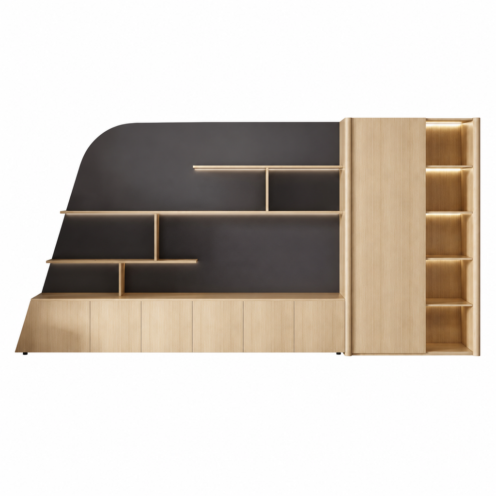 Curved Display Filing Cabinet with Integrated Wardrobe Storage