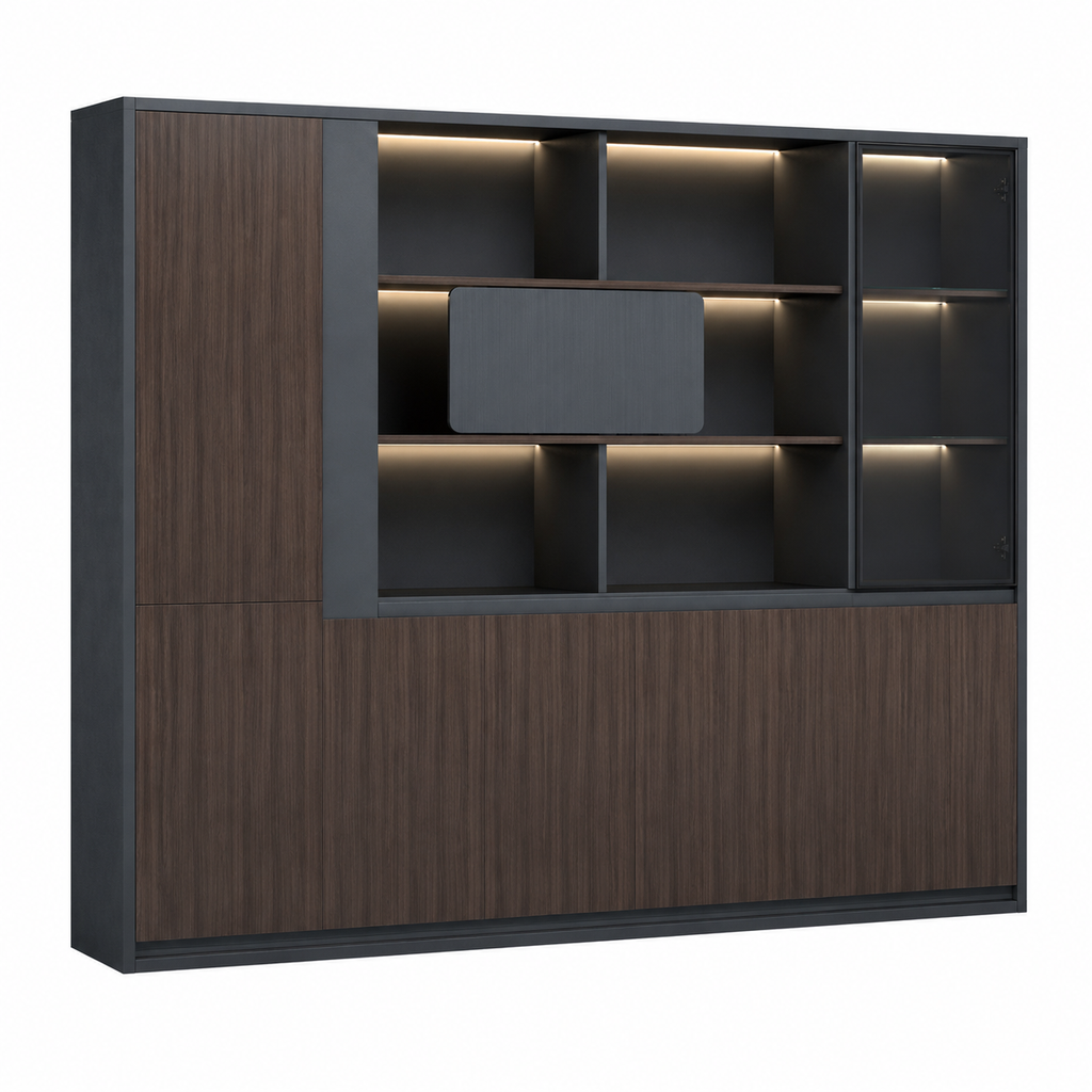 Dark Woodgrain Modern Executive Filing Cabinet with Glass Display Shelving