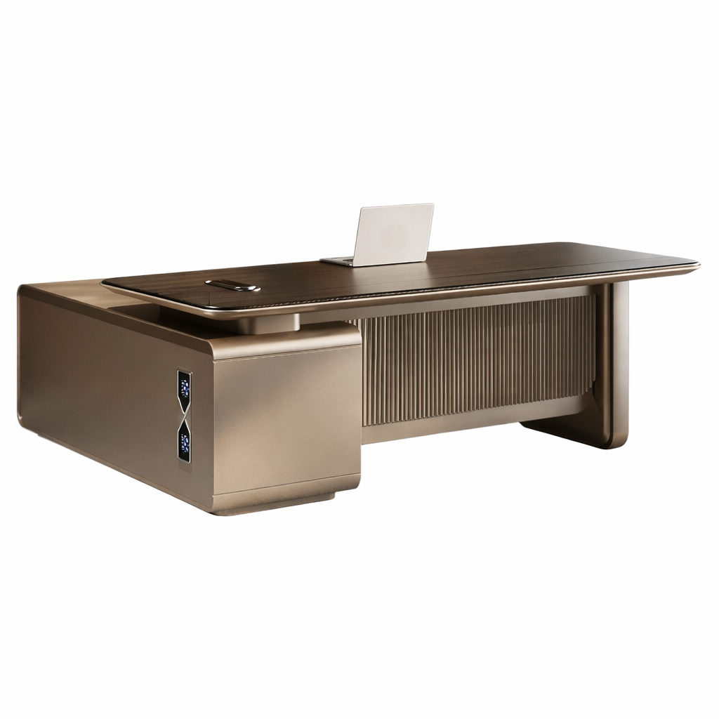 Walnut Executive Office Desk with Side Credenza, LED Ambient Panel and Cable Management