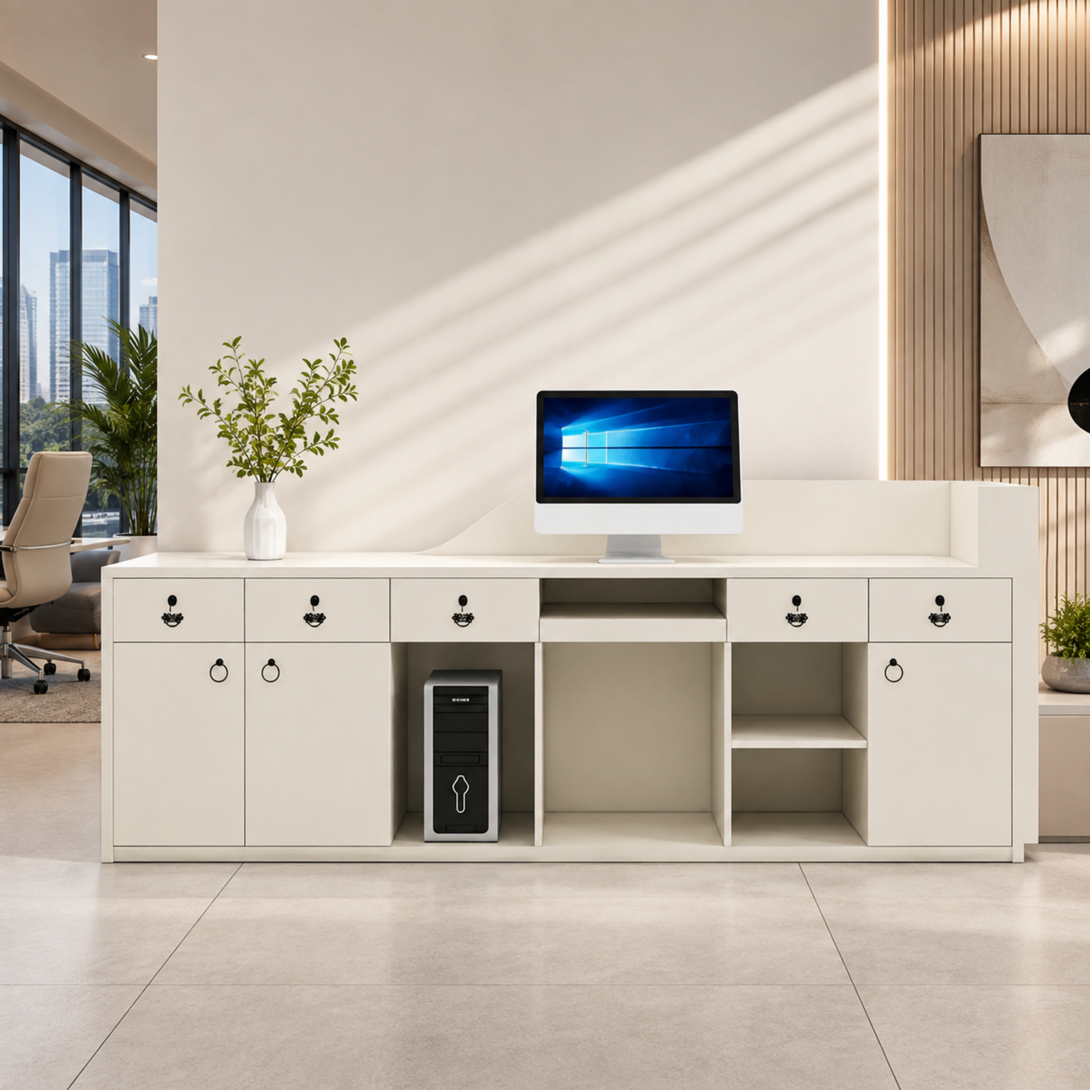 Sleek Curved Reception Counter with Concealed Storage and Service Ledge