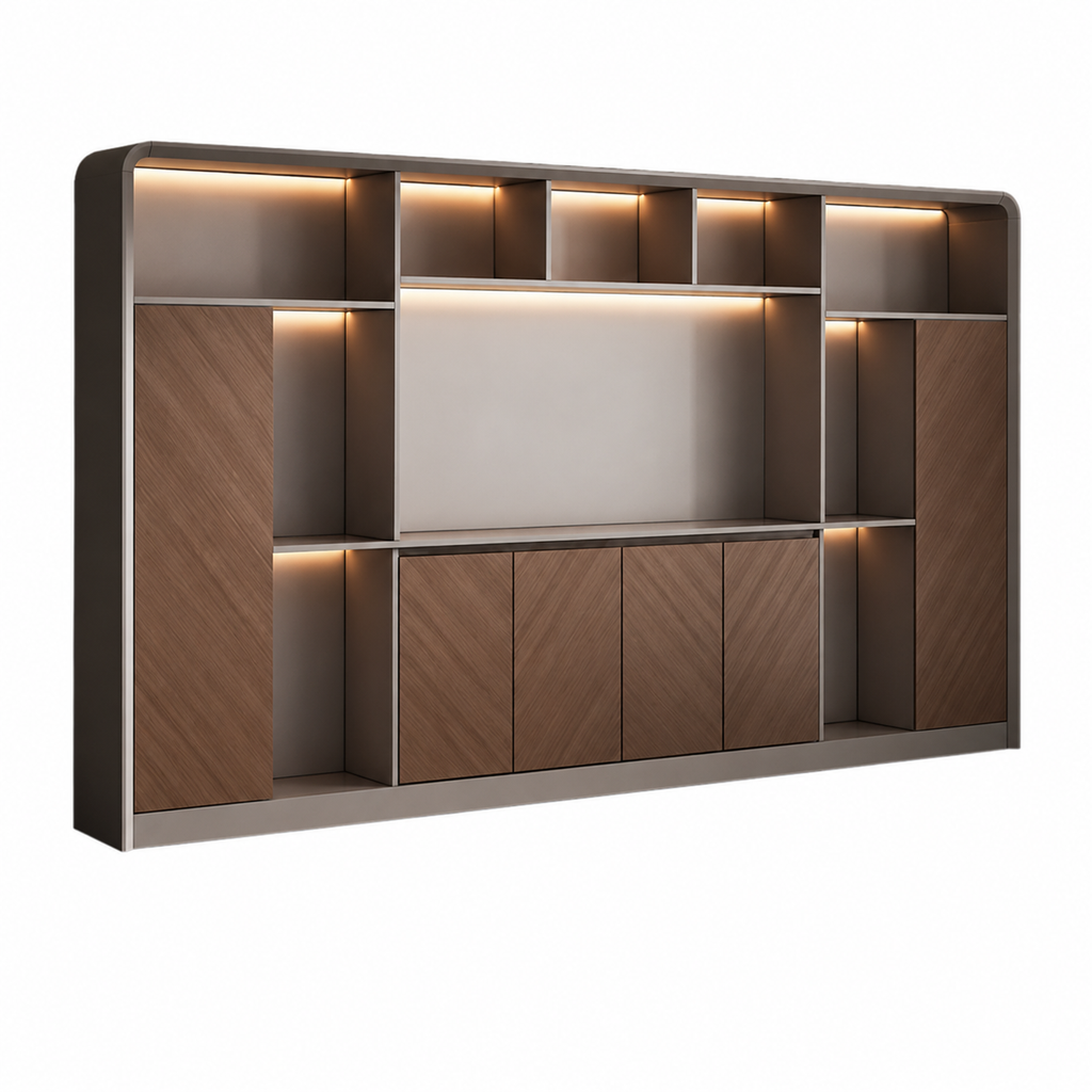 Curved-Frame Office Storage Wall Unit with LED Display Shelving