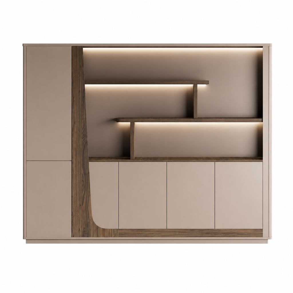 Modern Storage Wall Unit with LED Lighting, Hidden Wardrobe and Push Open Cabinets