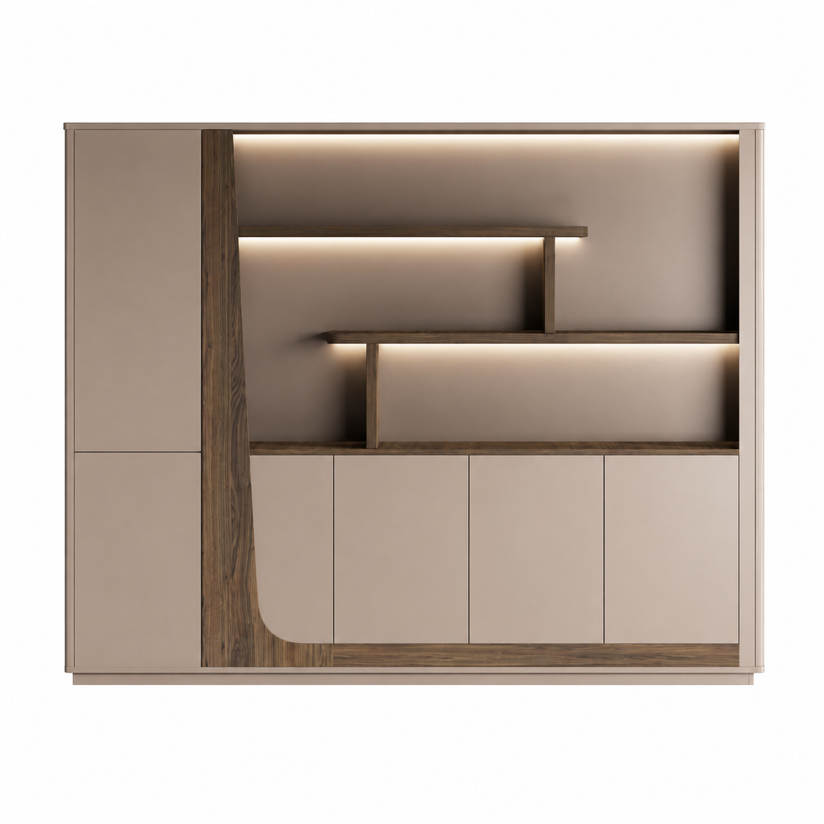 Modern Storage Wall Unit with LED Lighting, Hidden Wardrobe and Push Open Cabinets