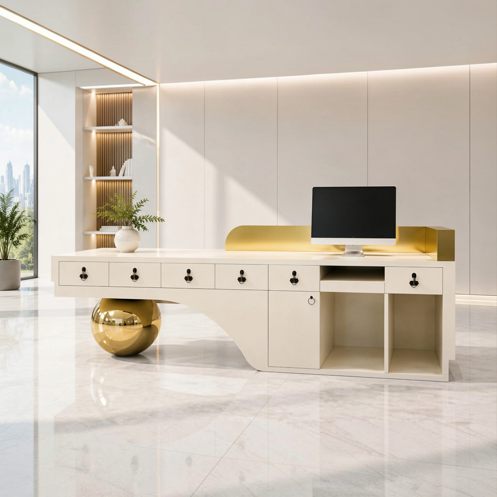Modern Sculptural Reception Counter with Stainless Steel Base