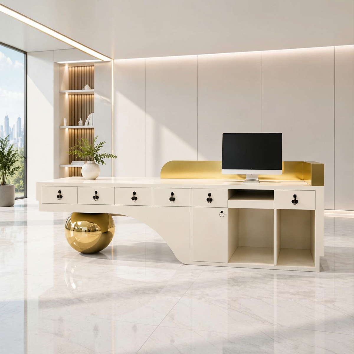 Modern Sculptural Reception Counter with Stainless Steel Base