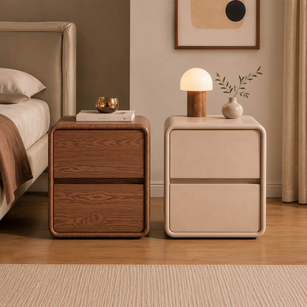 Modern Rounded Two-Drawer Bedside Table with Soft-Edge Profile and Compact Storage