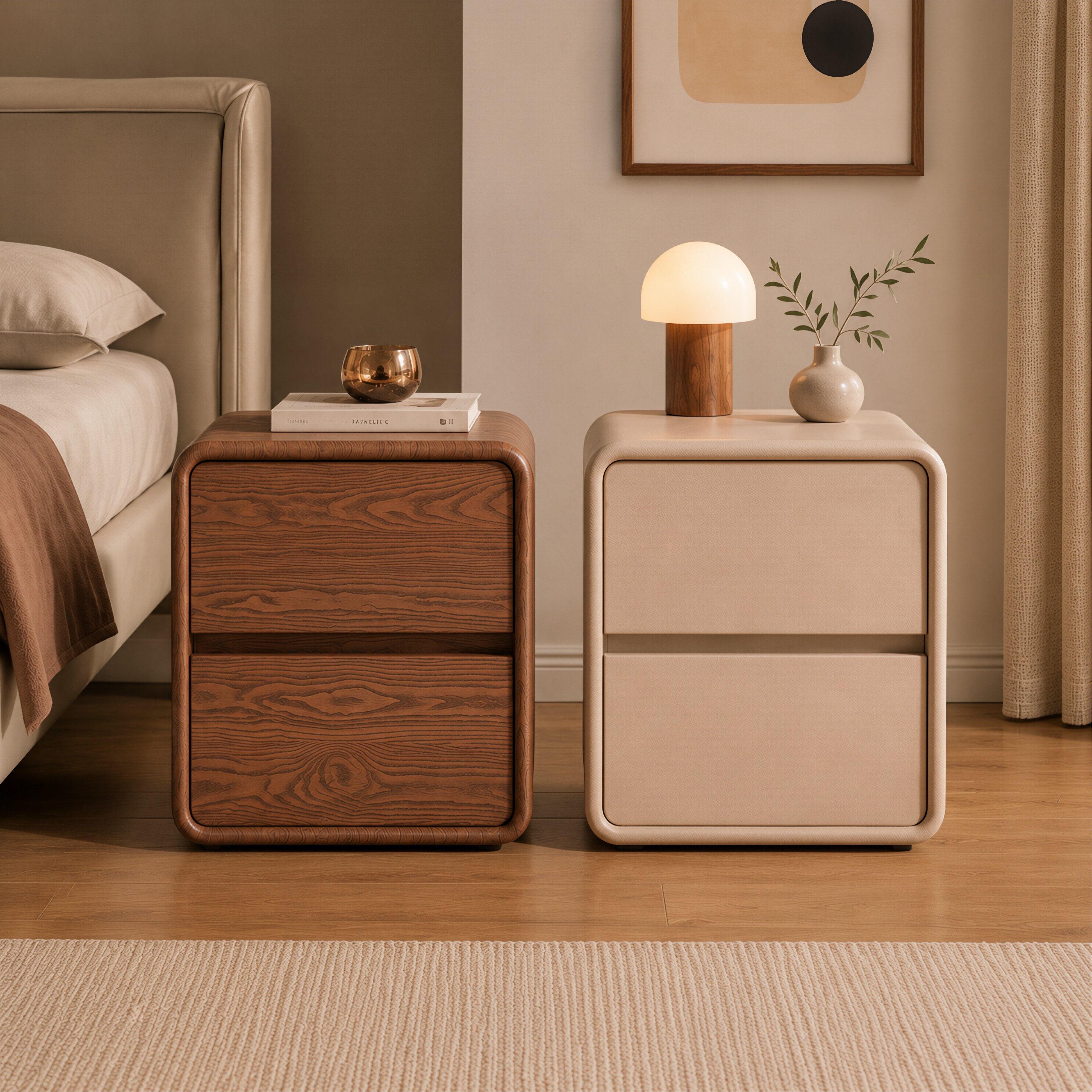 Modern Rounded Two-Drawer Bedside Table with Soft-Edge Profile and Compact Storage