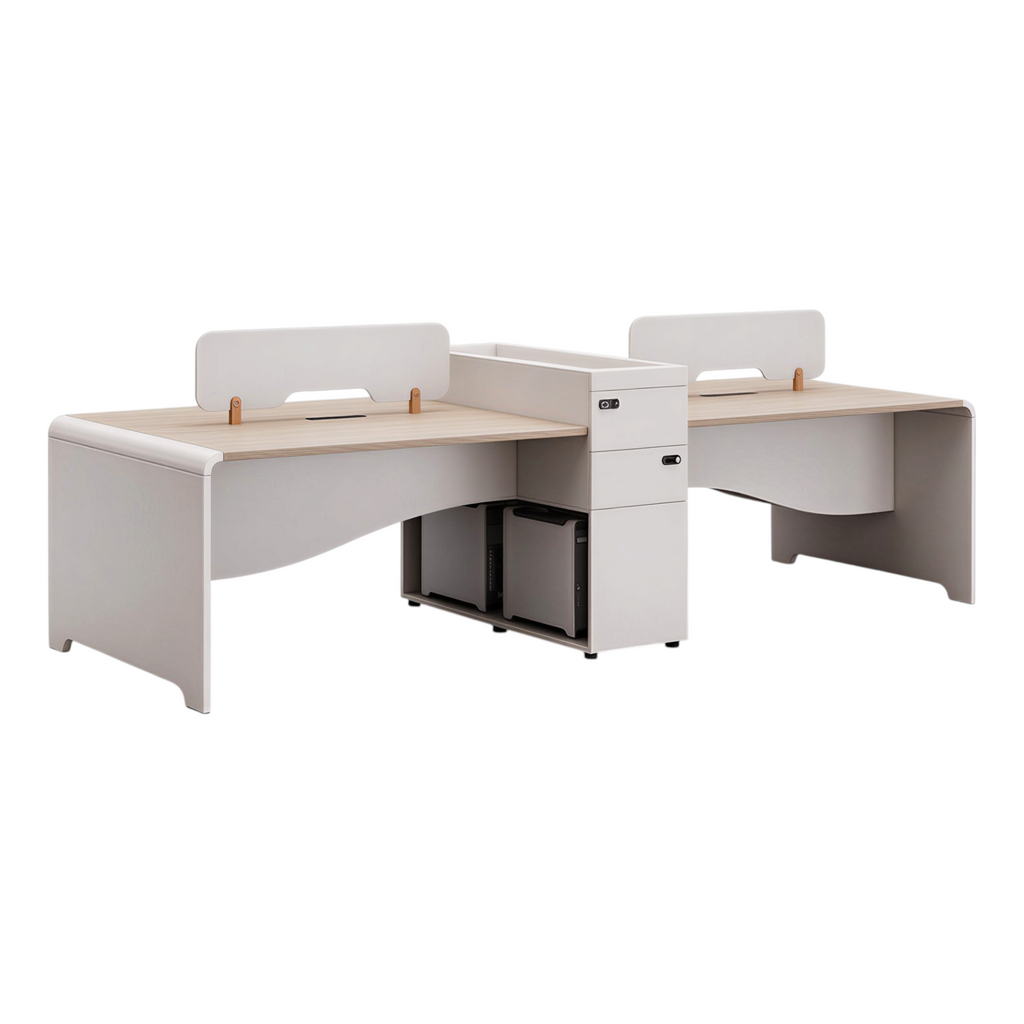 Modern Staff Desk with Curved Privacy Screen & Side Cabinet