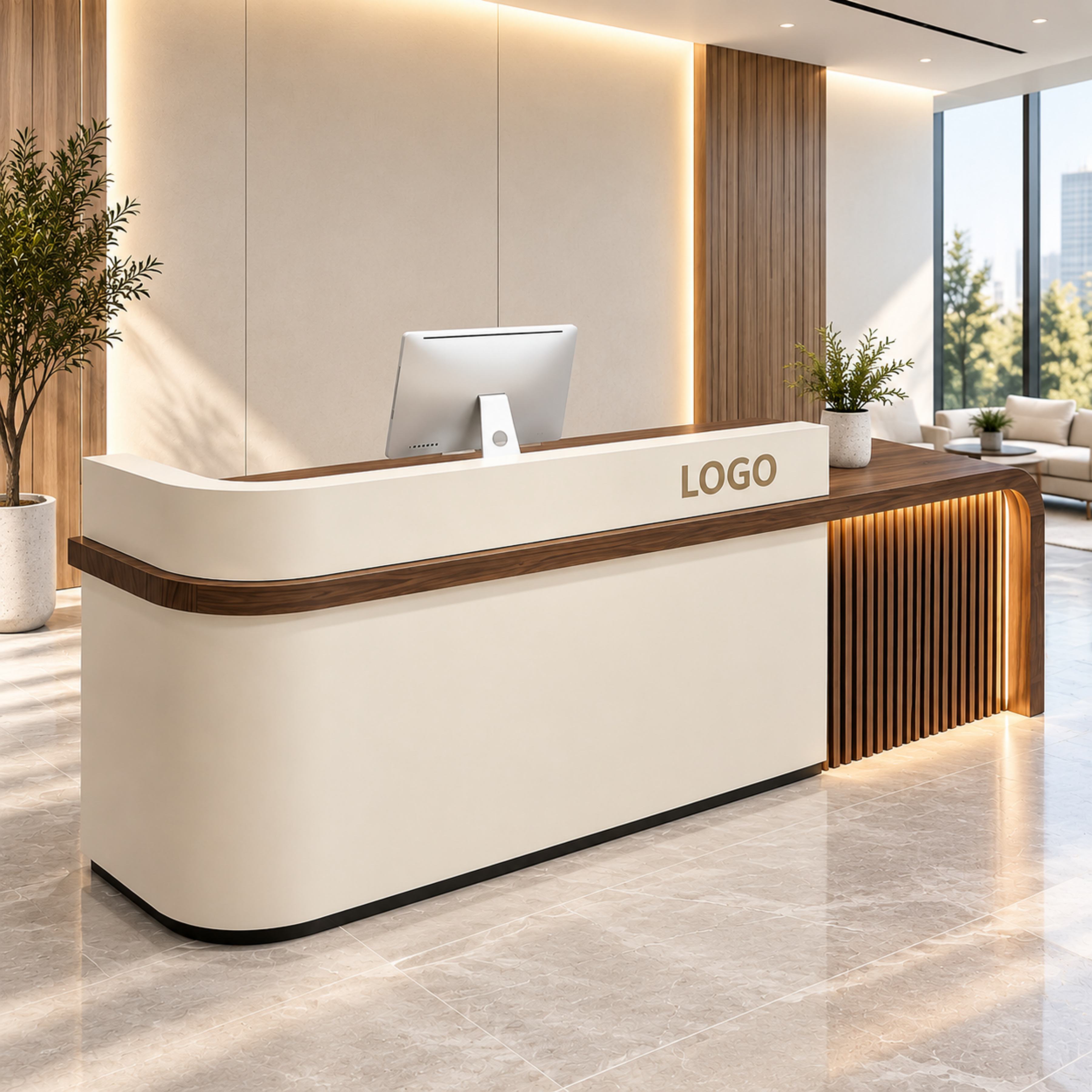 Luxury Reception Counter with Backlit Slat Detail and Logo