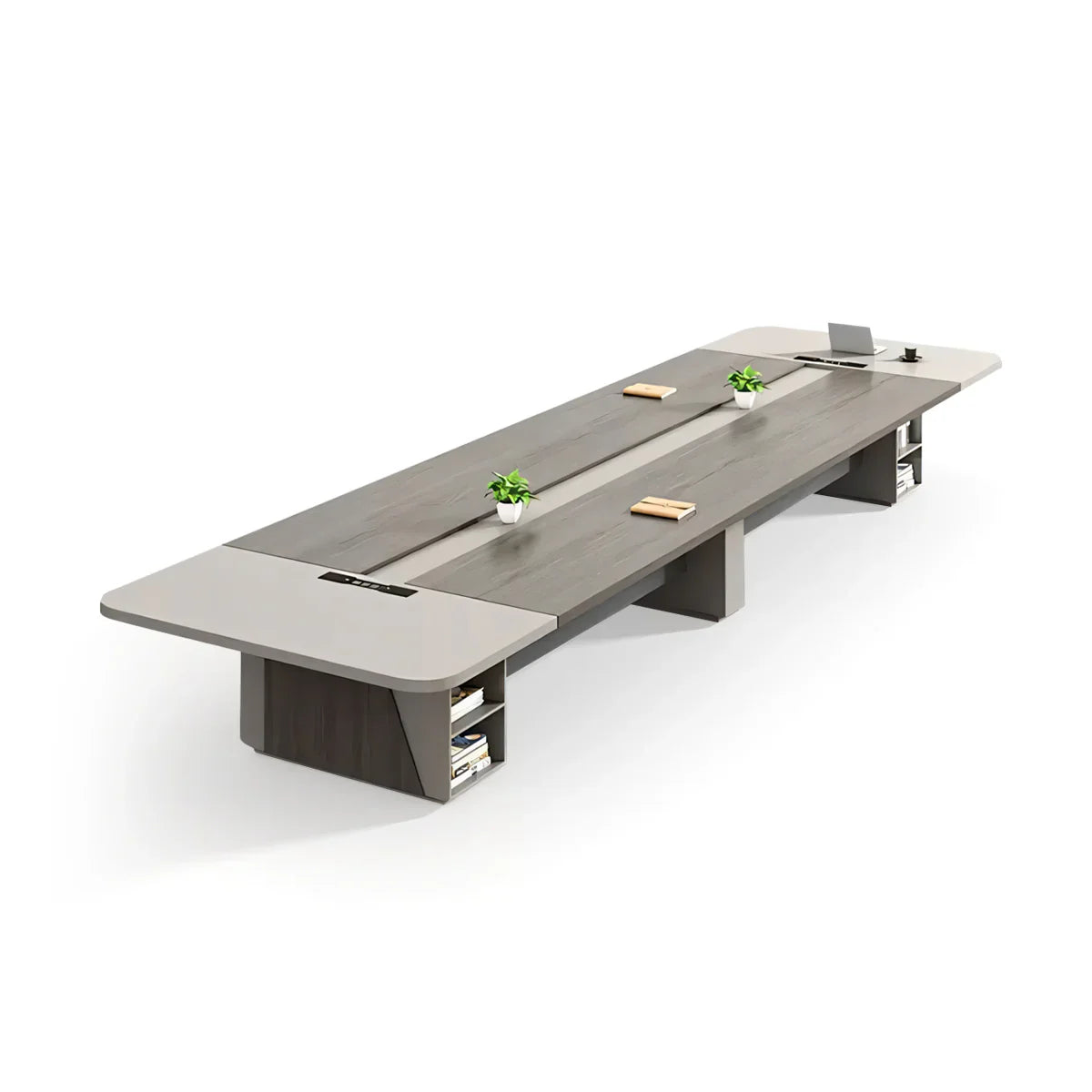 Modern Conference Table with Built-In Power Outlets and Storage Shelving