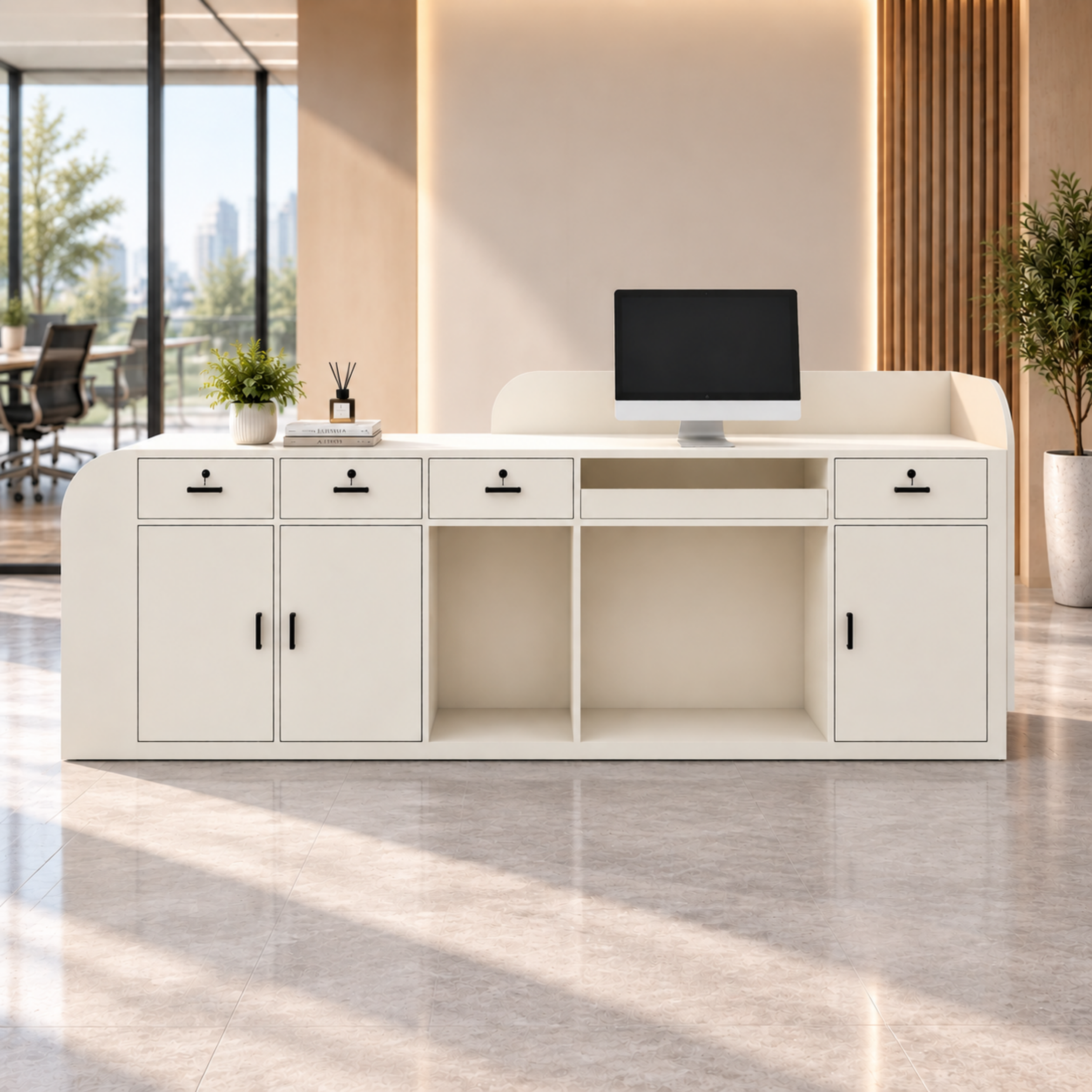 Minimalist Reception Counter with LED Base Light, Lockable Storage and Logo Feature