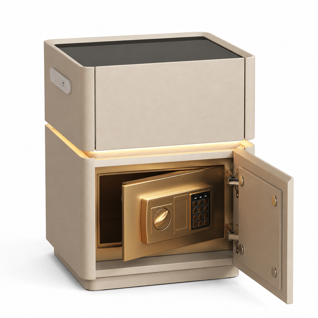 Contemporary Bedside Table with Safe, Wireless Charger and USB