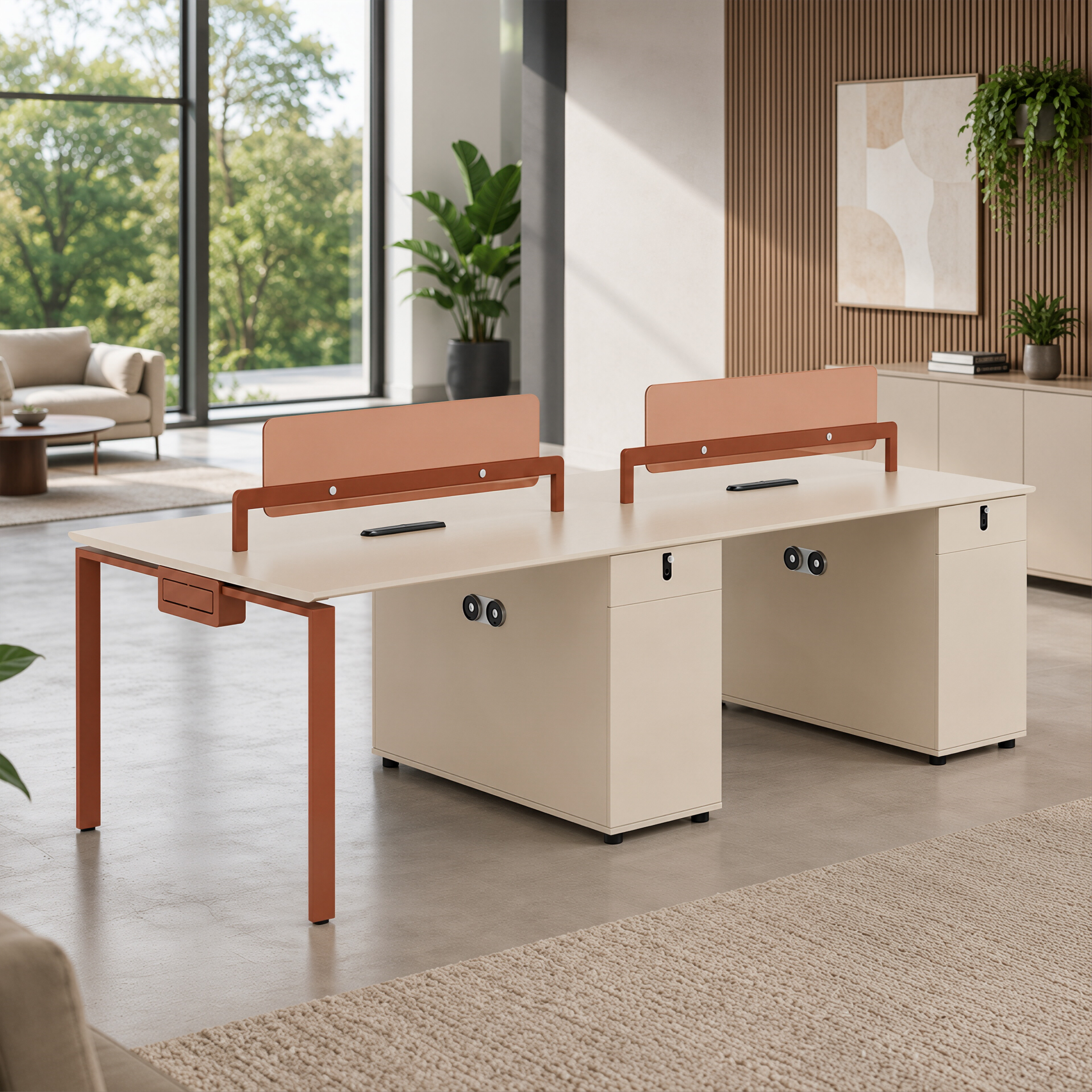 Modern Bench Workstation with Privacy Screens and Integrated Power