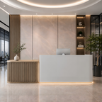 Modern Reception Desk with Natural Timber Slat Accents
