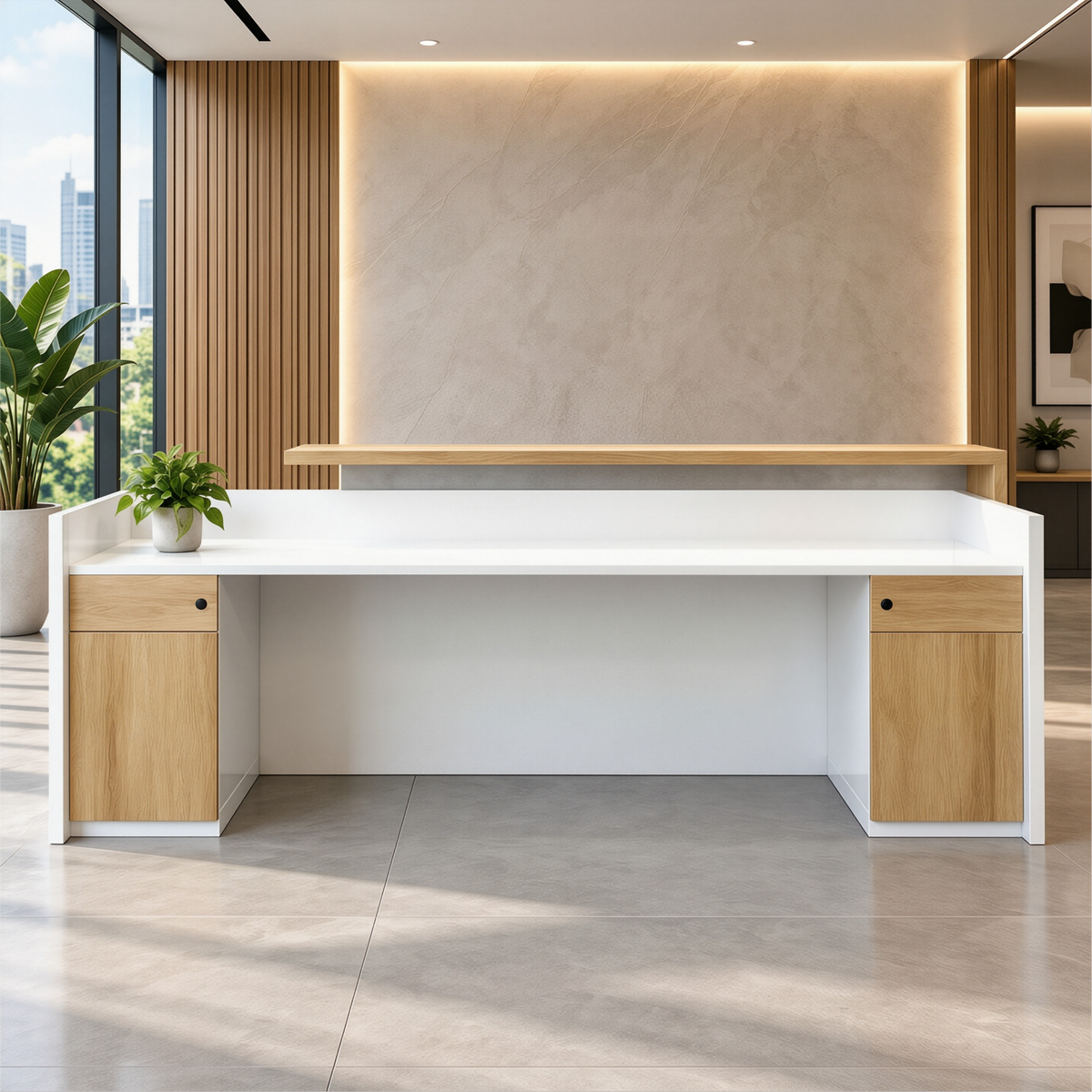 Minimalist Reception Desk with Timber Return Top