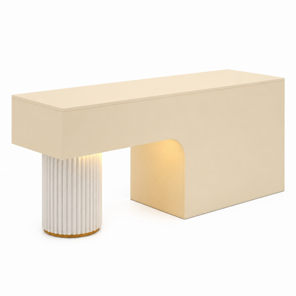 Travertine-Look Reception Desk with Fluted Column and LED Accent