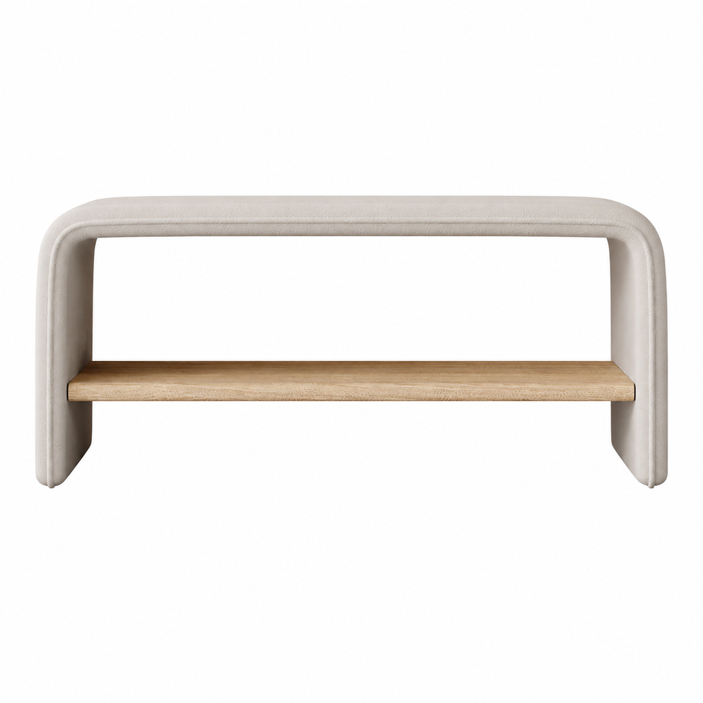 Modern Upholstered Storage Bench with Pine Shelf and Custom Colours