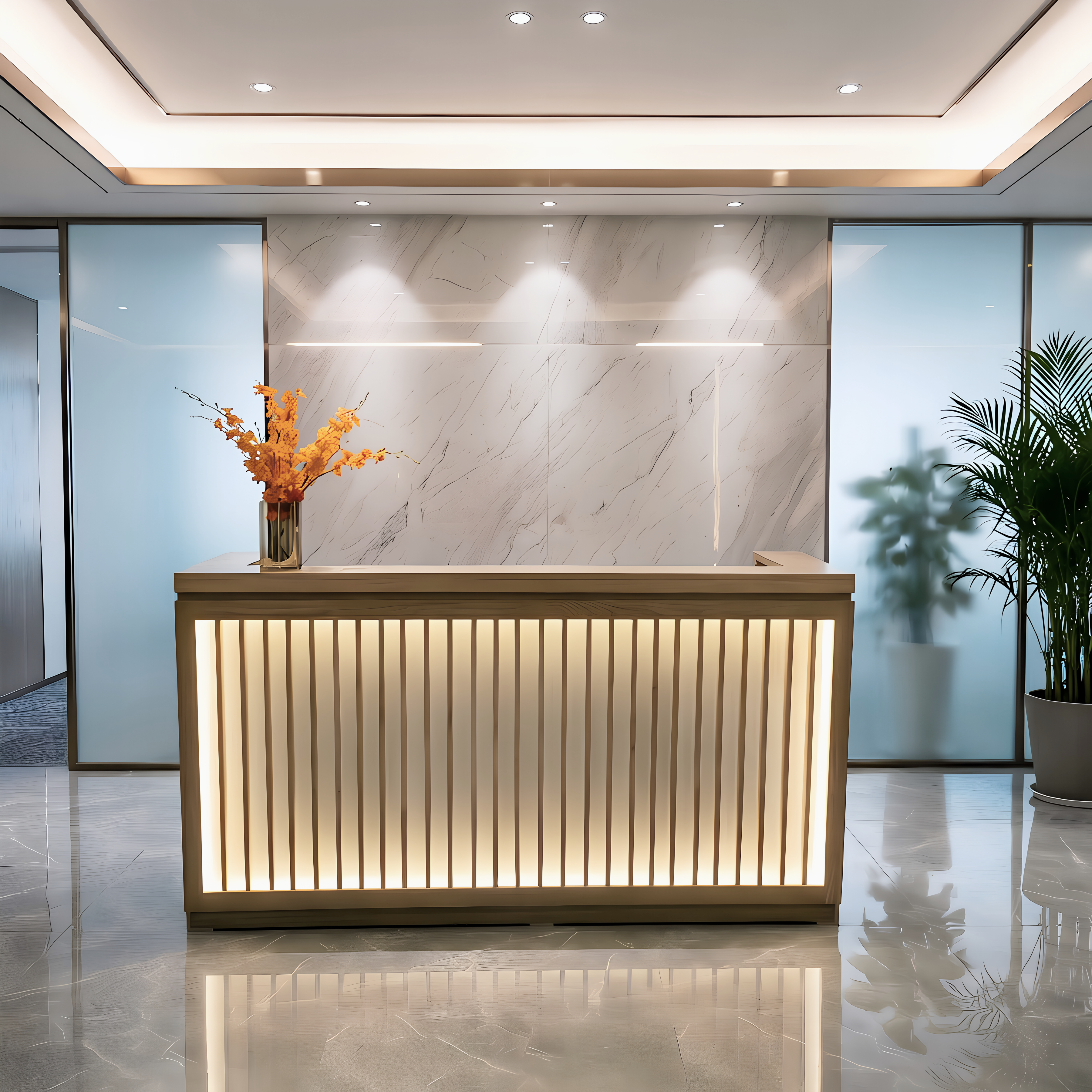 Linear Executive Reception Counter with Ambient Backlit Detailing