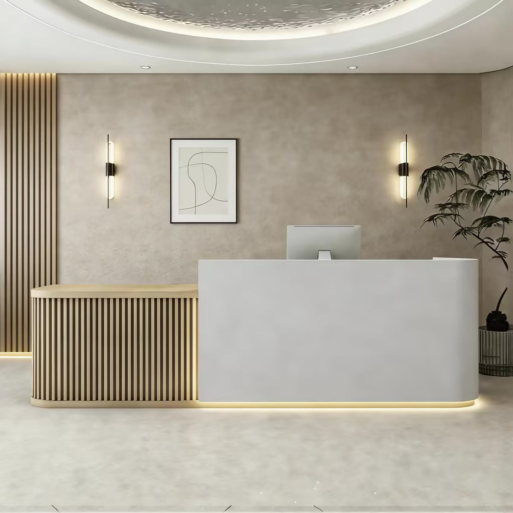 Modern Reception Desk with Natural Timber Slat Accents