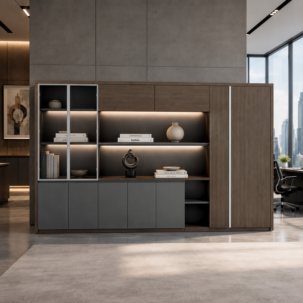 Premium Walnut Office Cabinet with Display Shelves