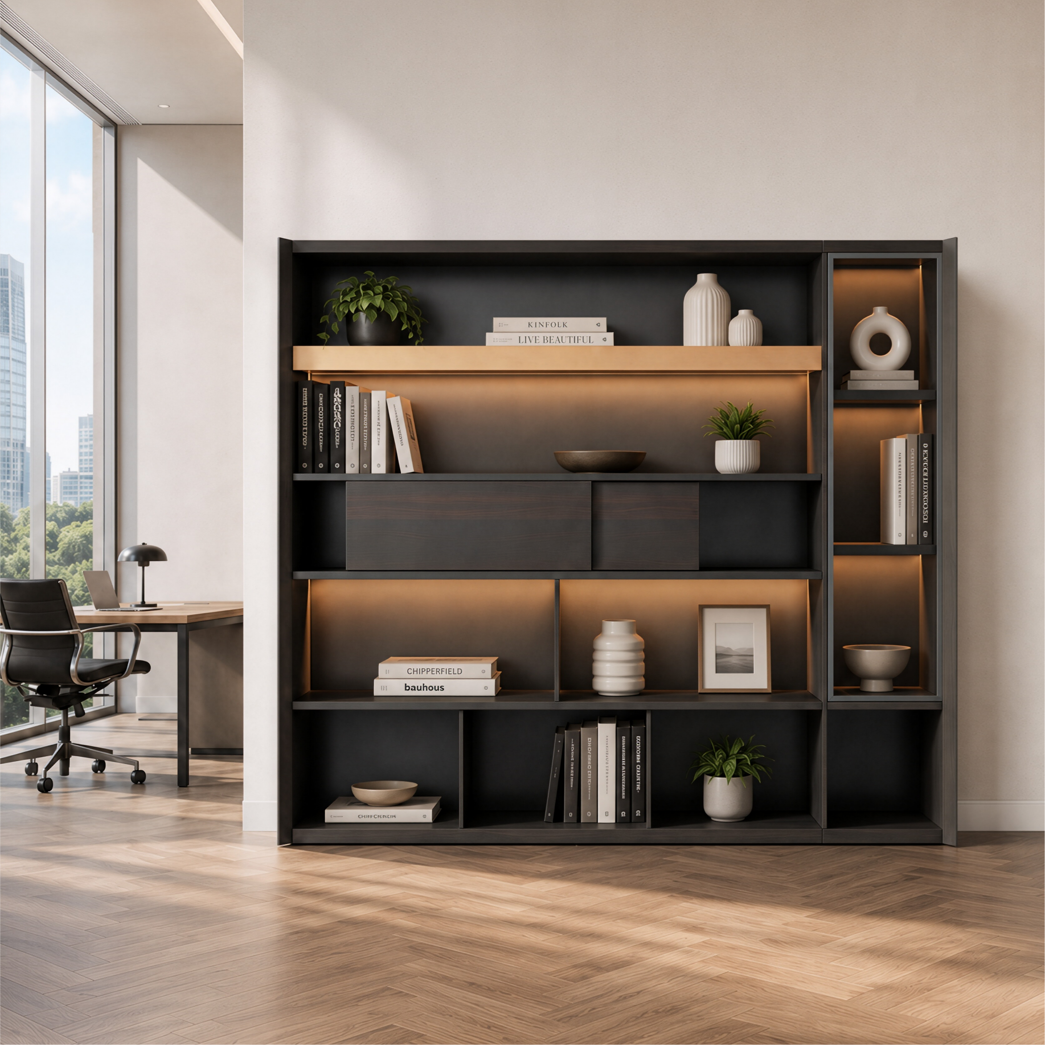 Modern Office Storage Cabinet with Illuminated Display Sections