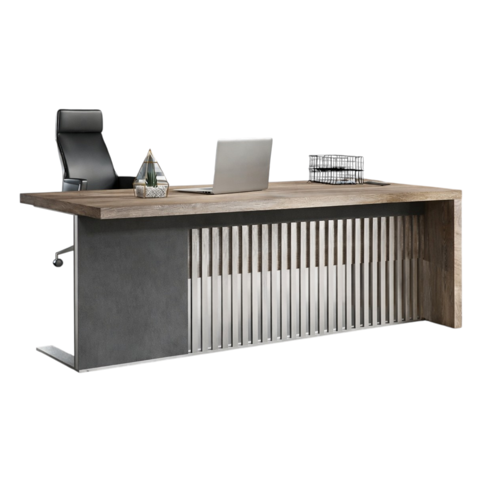 Modern Executive Office Desk with Slatted Privacy Panel and Woodgrain Desktop