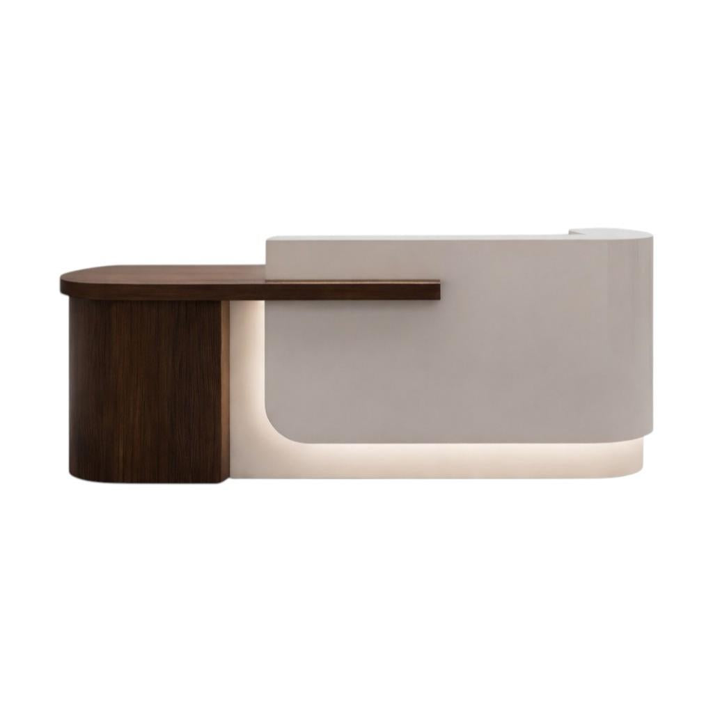 Modern Curved Reception Desk with Return Counter and Timber-Look Side Panel