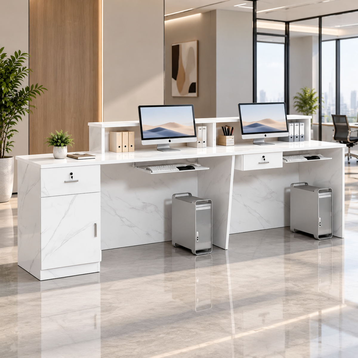 Modern White LED Reception Counter with Fluted Front Panel