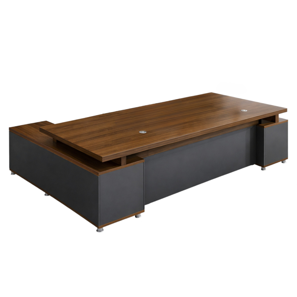 Modern Executive Office Desk With Return, Lockable Storage, Cable Grommets, Two-Tone Finish
