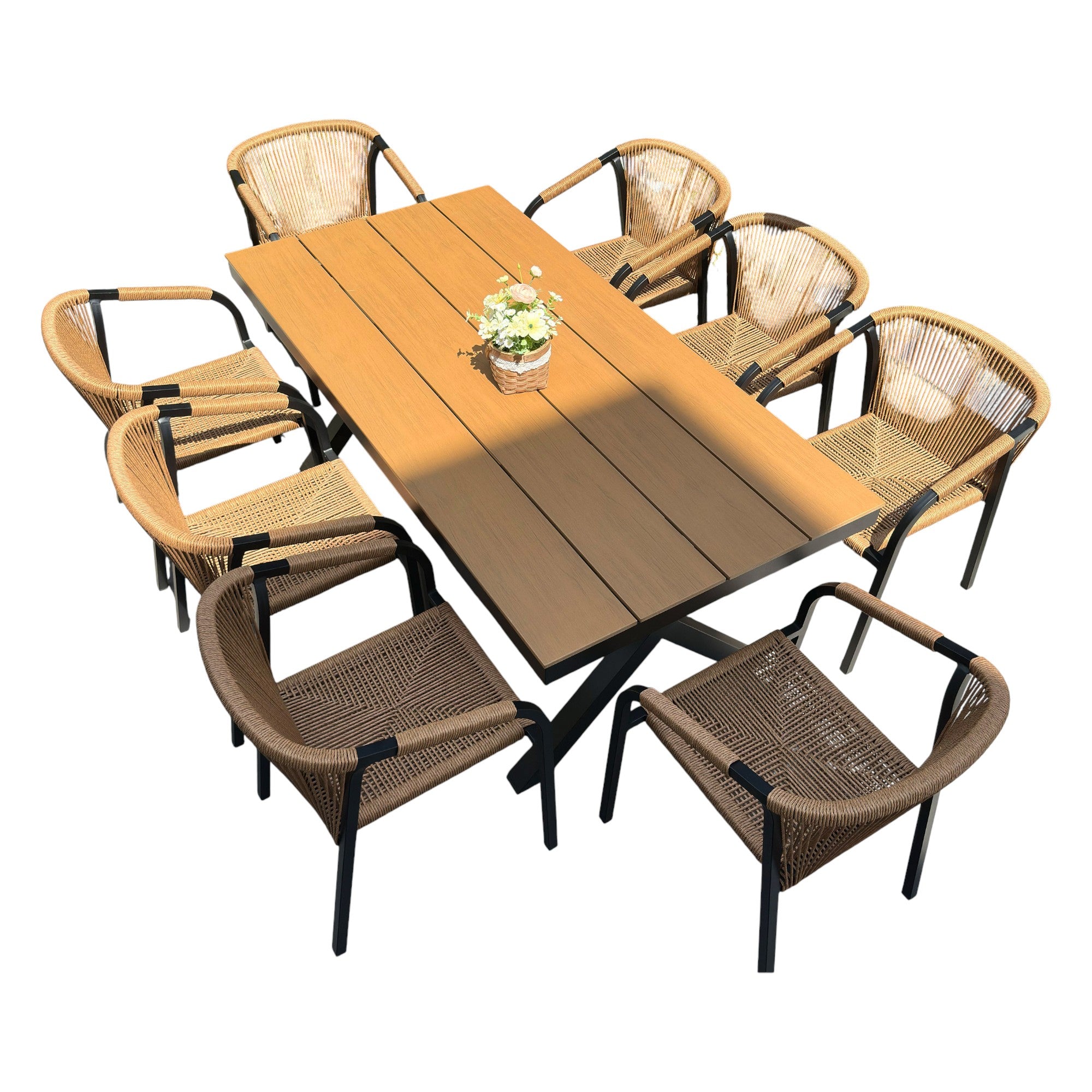Outdoor Rope-Weave Dining Set With Timber-Look Table