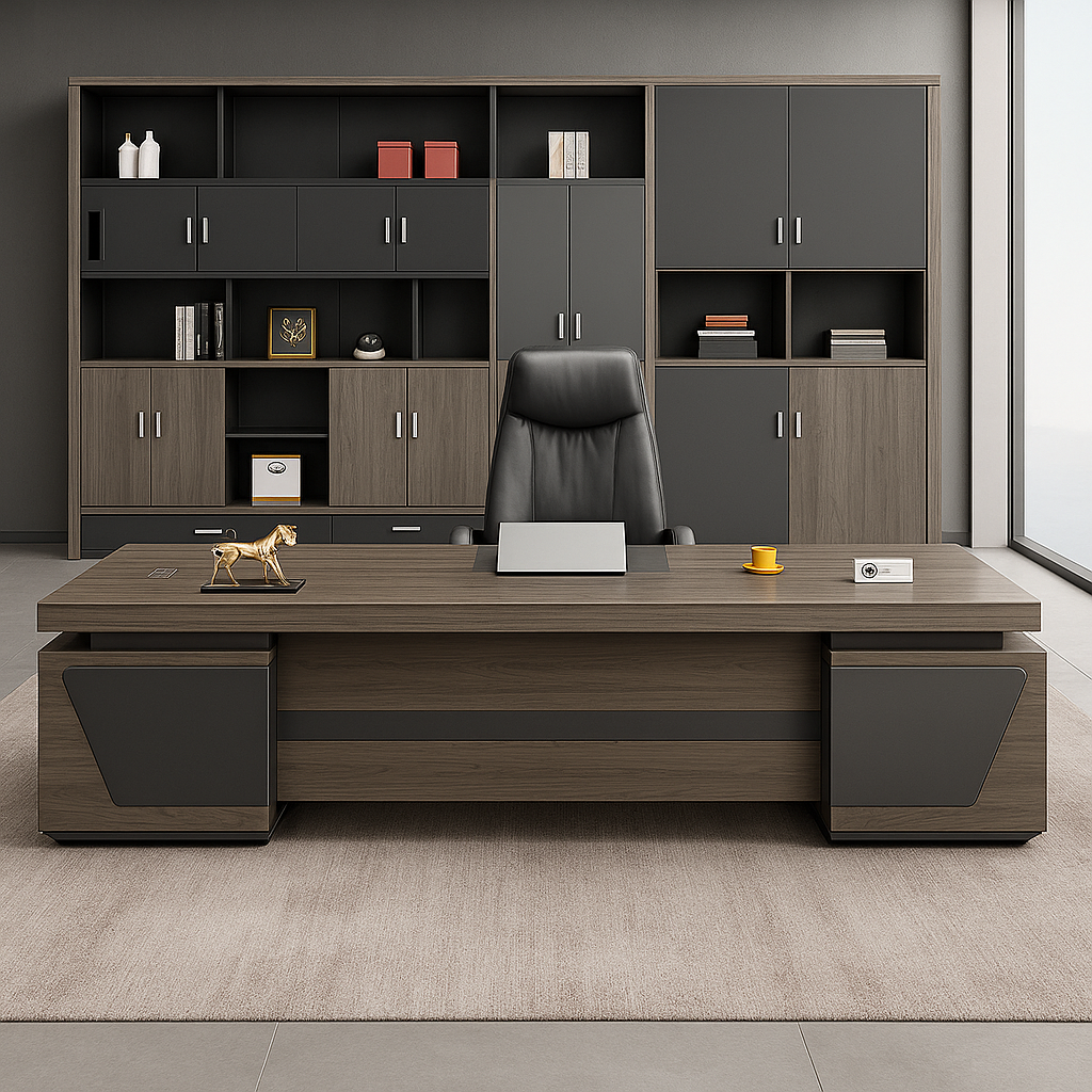 L-Shaped Modern Executive Desk with Cabinet and Drawers